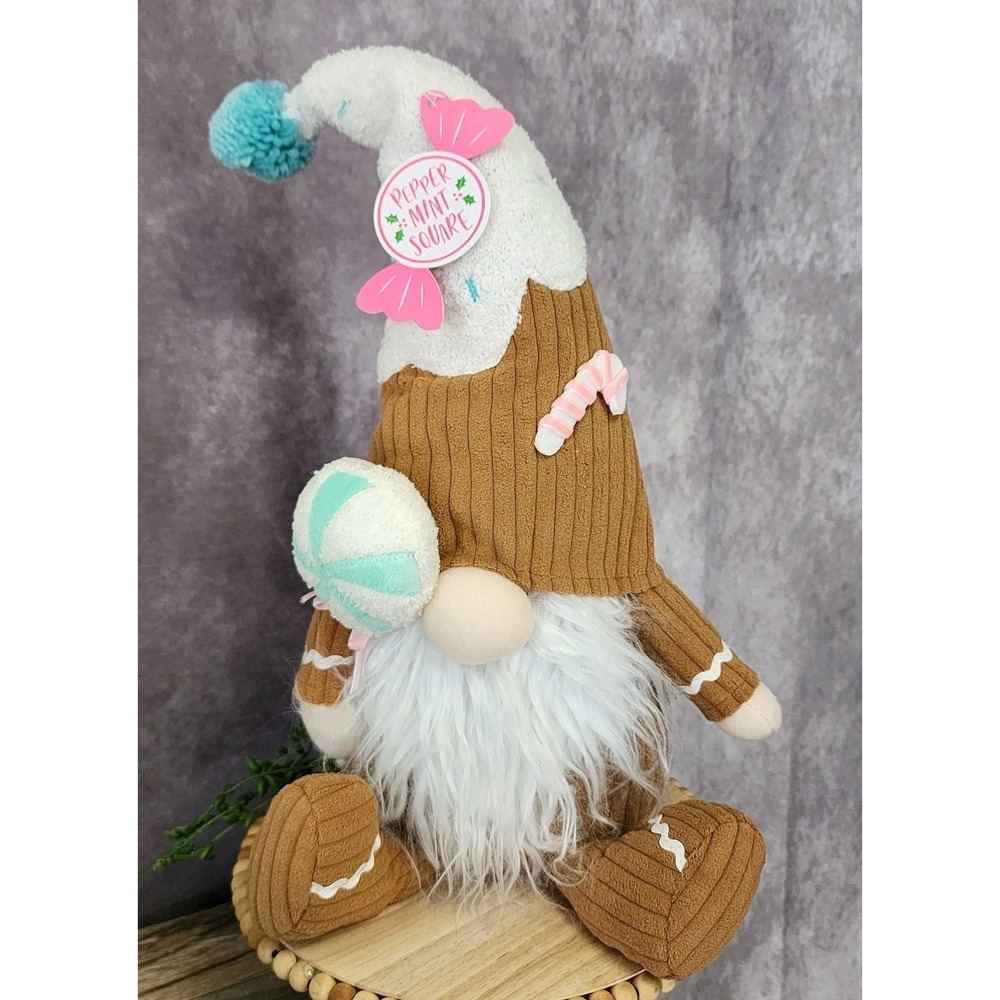Gingerbread Gnome Candy Lollipop Candyland 16" Peppermint Square Shelf Sitter